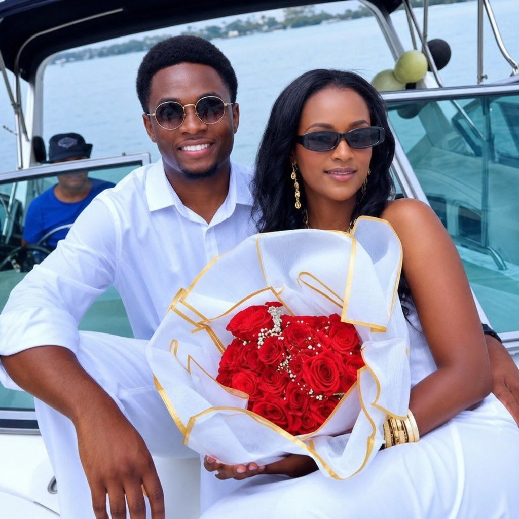 Couple on a boat holding red roses