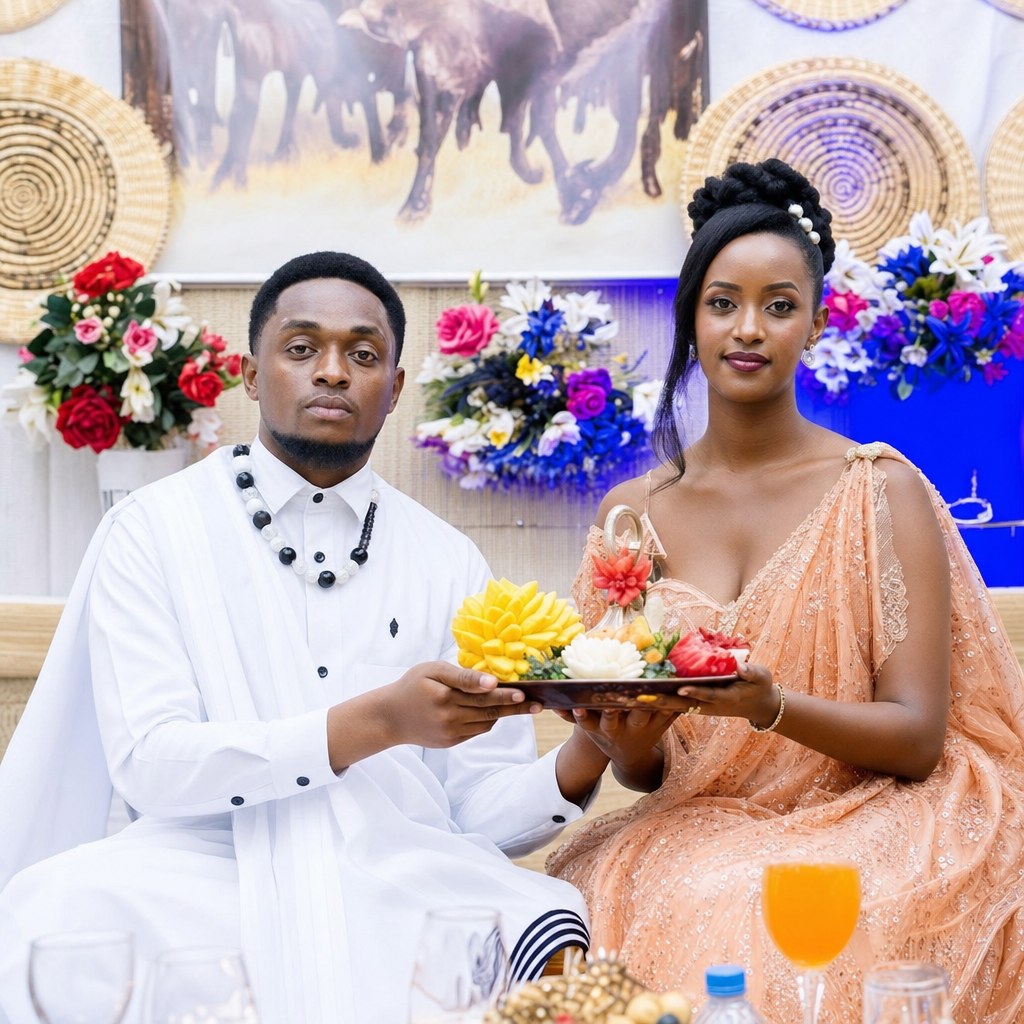 Couple in traditional Imvutano attire holding a ceremonial plate