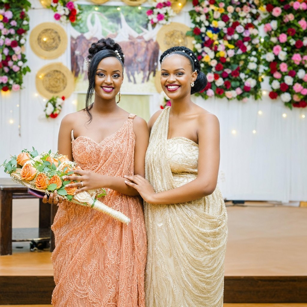 Two women in peach and cream Imvutano attire